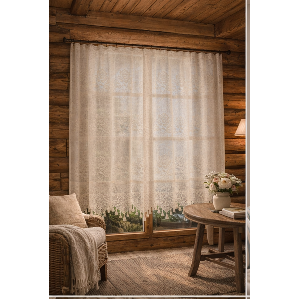 Buldan Tül Perde El İşi Dantelli Gül Desen Rustikli TEK Parcalı 100x160