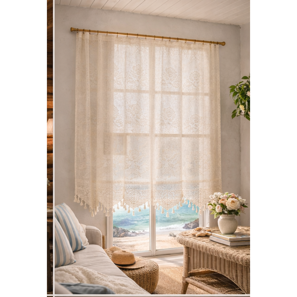 Buldan Tül Perde El İşi Dantelli Gül Desen Rustikli TEK Parcalı 100x160