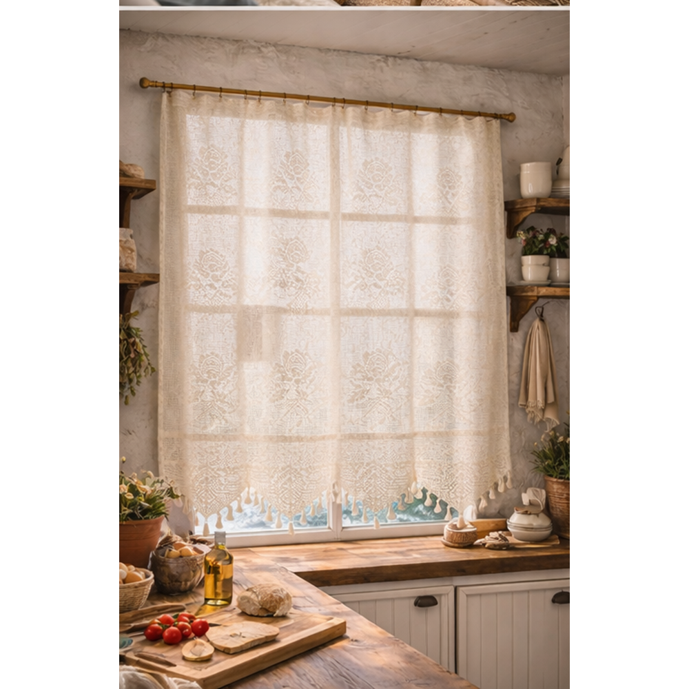 Buldan Tül Perde El İşi Dantelli Gül Desen Rustikli TEK Parcalı 100x160