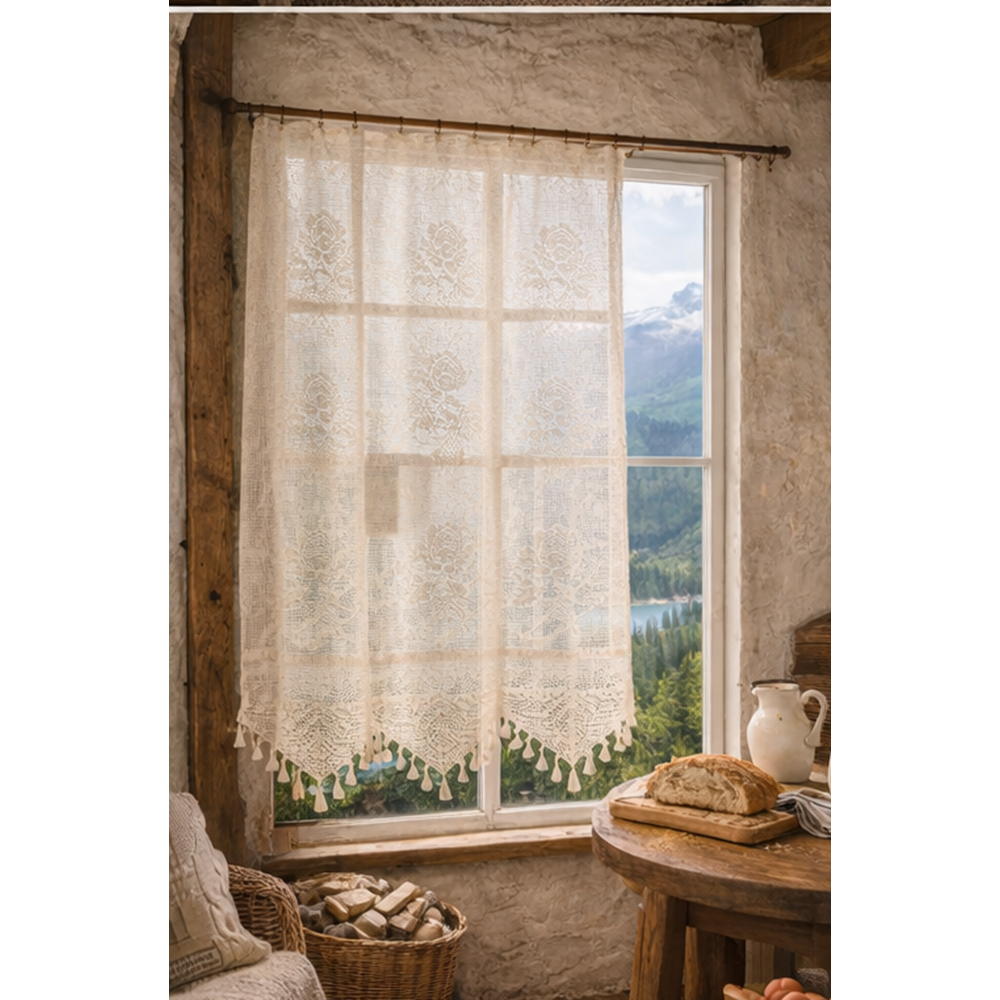 Buldan Tül Perde El İşi Dantelli Gül Desen Rustikli TEK ParcaLI (150x160)