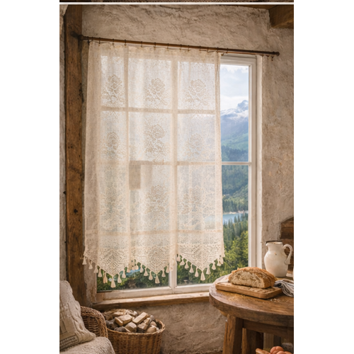 Buldan Tül Perde El İşi Dantelli Gül Desen Rustikli TEK ParcaLI (150x160)