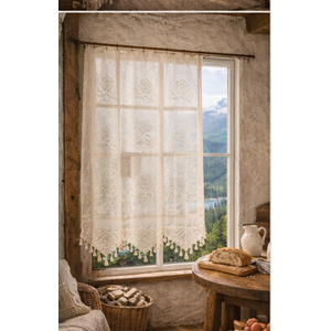 Buldan Tül Perde El İşi Dantelli Gül Desen Rustikli TEK ParcaLI (150x160)