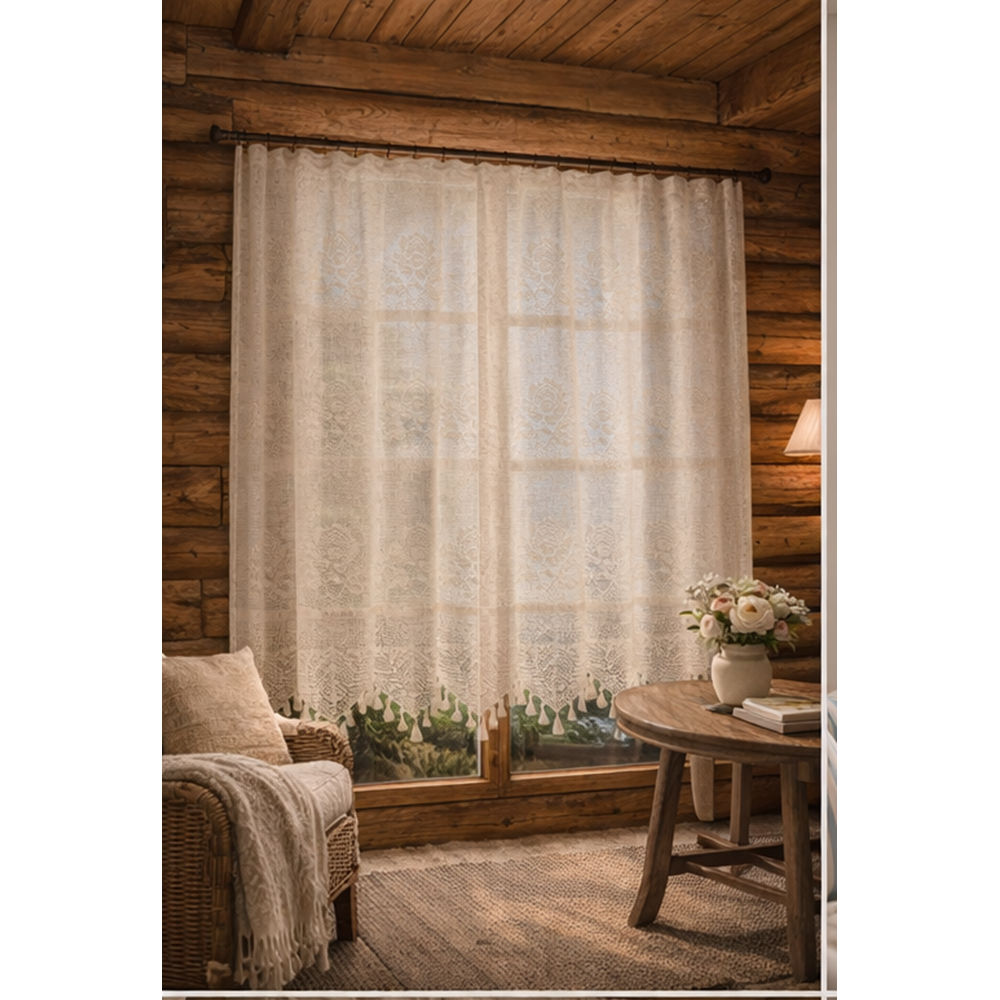 Buldan Tül Perde El İşi Dantelli Gül Desen Rustikli TEK Parcalı (250x160)