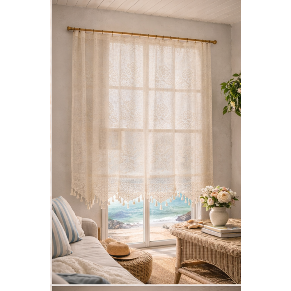 Buldan Tül Perde El İşi Dantelli Gül Desen Rustikli TEK Parcalı (250x160)