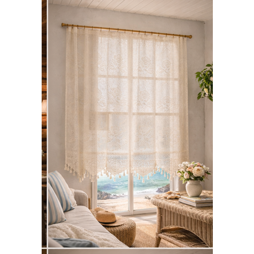 Buldan Tül Perde El İşi Dantelli Gül Desen Rustikli TEK Parcalı (350x160)