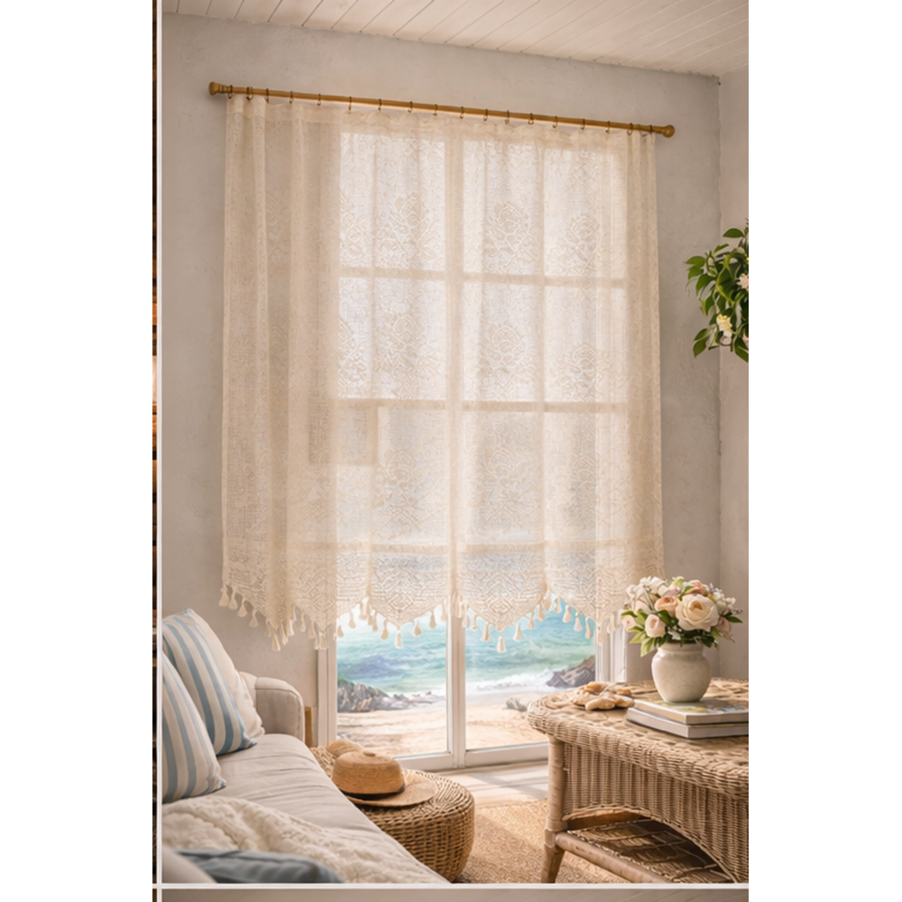 Buldan Tül Perde El İşi Dantelli Gül Desen Rustikli TEK Parcalı (350x160)