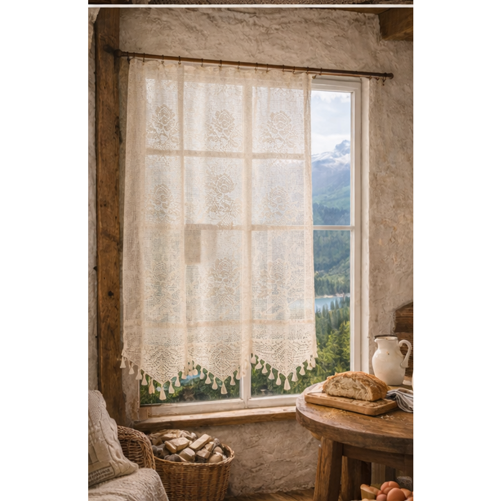 Buldan Tül Perde El İşi Dantelli Gül Desen Rustikli TEK Parcalı (350x160)
