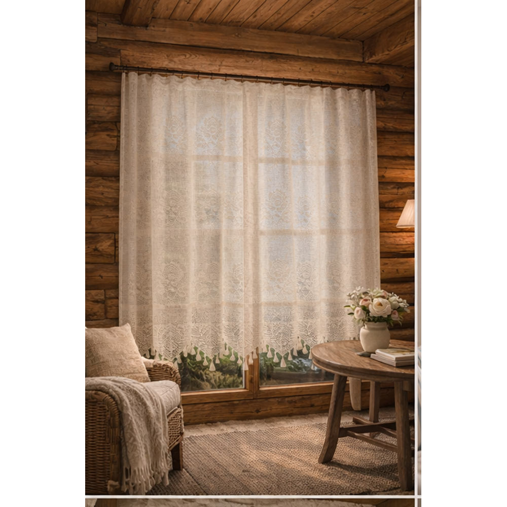 Buldan Tül Perde El İşi Dantelli Gül Desen Rustikli TEK Parcalı (350x160)