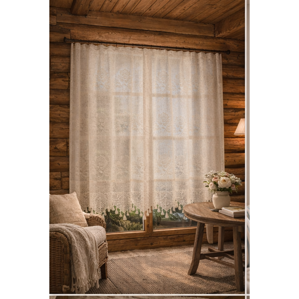 Buldan Tül Perde El İşi Dantelli Gül Desen Rustikli TEK Parcalı (400x160)