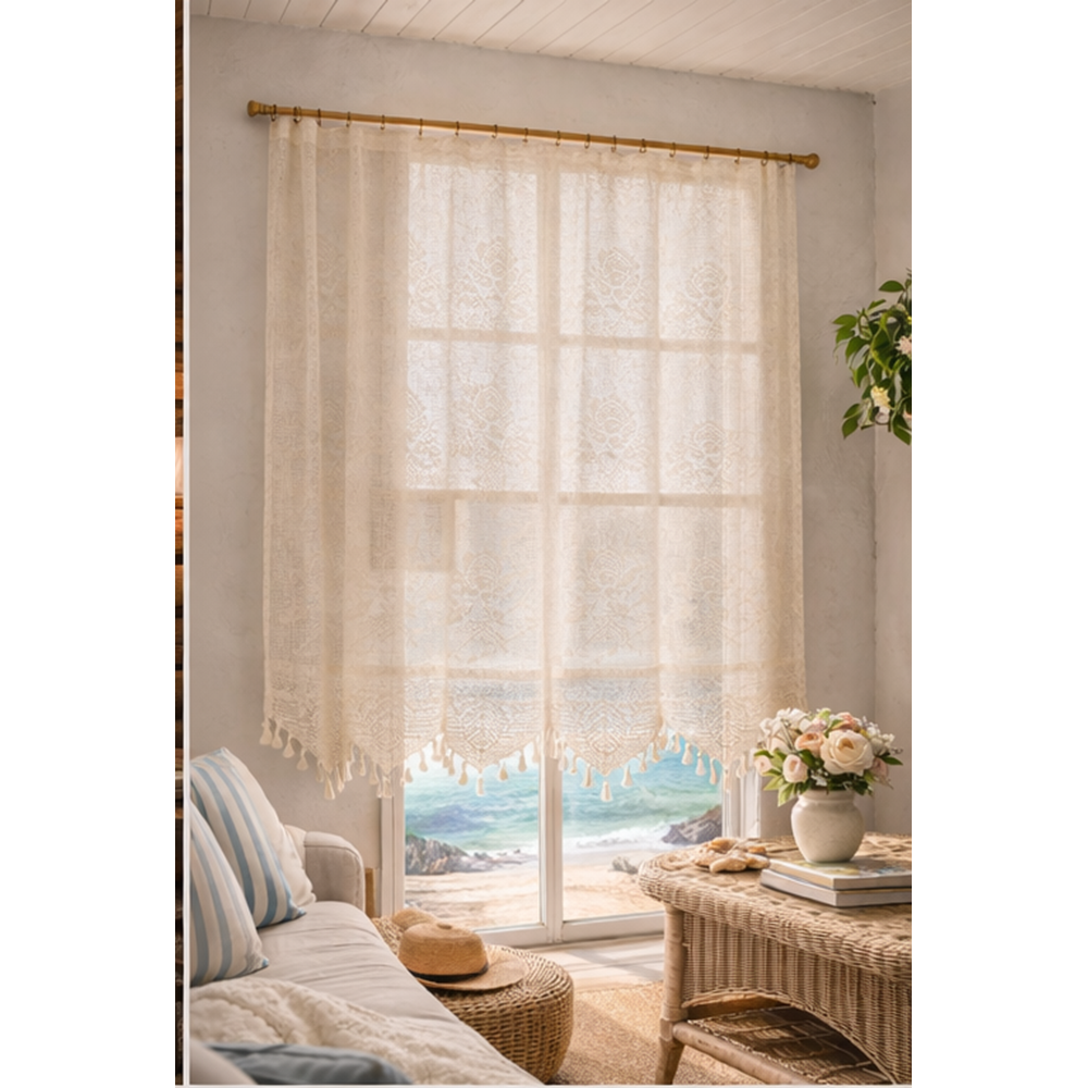 Buldan Tül Perde El İşi Dantelli Gül Desen Rustikli TEK Parcalı (400x160)