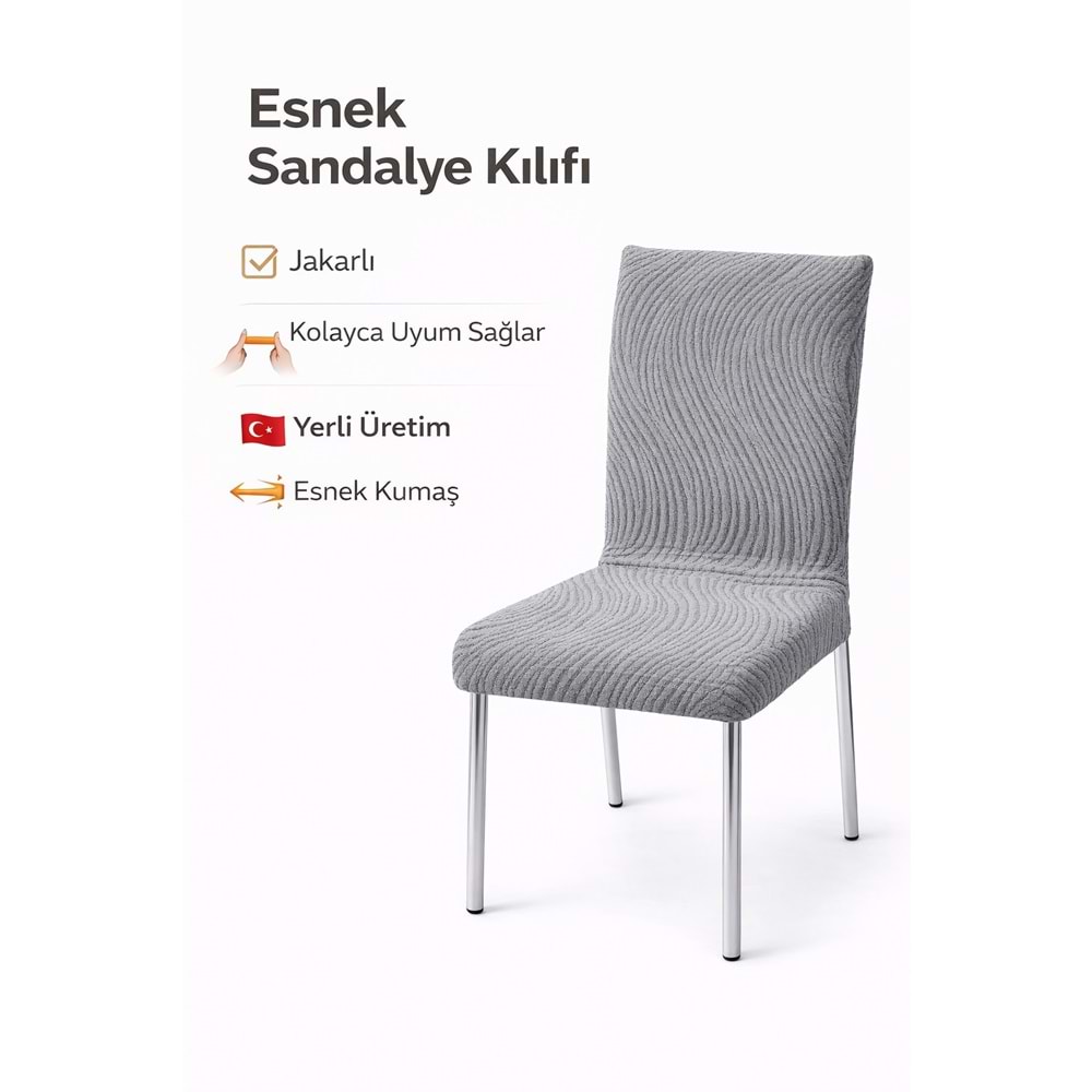 6LI SET Jakarlı Lastikli Eteksiz Sandalye Kılıfı-Wave Gri