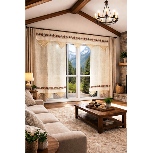 MANDAŞ Kanaviçe işlemeli Buldan Perdesi (2 fon prç +1 valans )150*195)