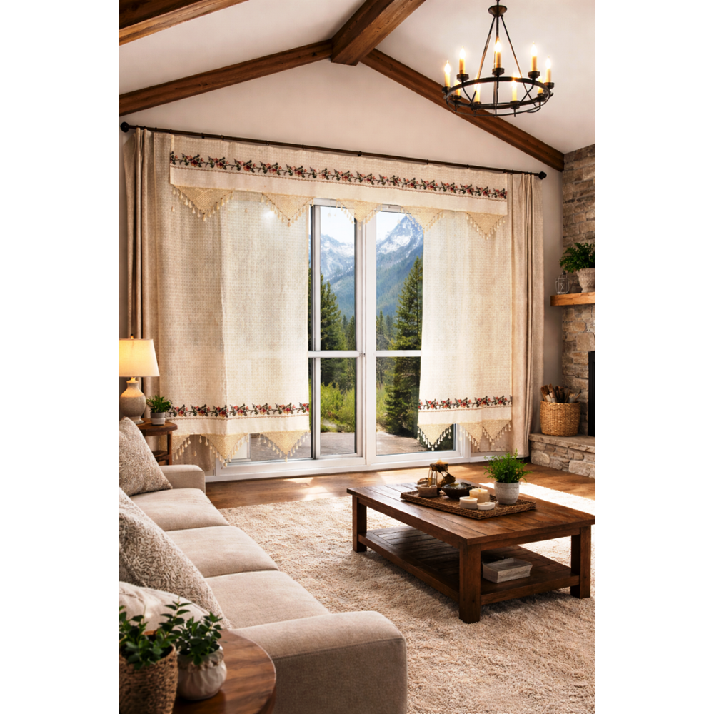 MANDAŞ Kanaviçe işlemeli Buldan Perdesi (2 fon prç +1 valans )175*190)