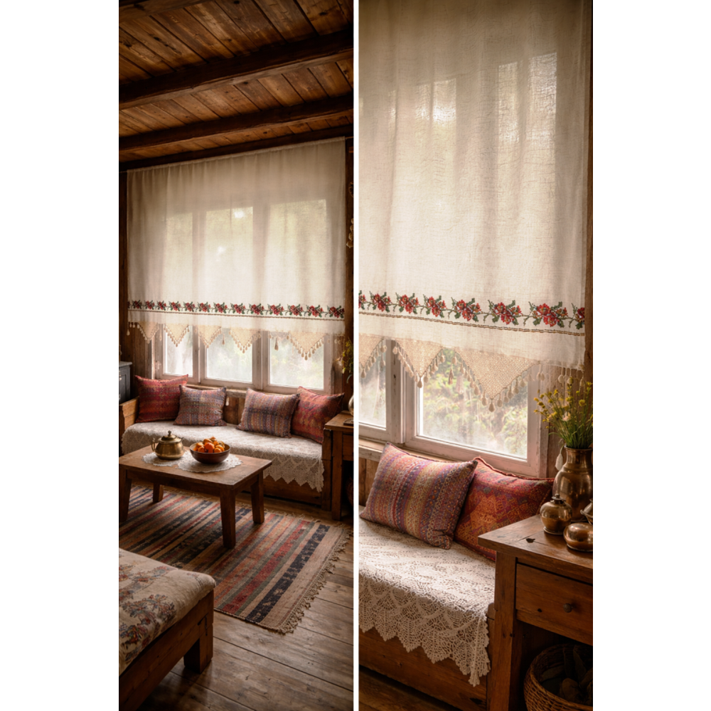 Mandaş El İşi Dantelli Kanaviçe Buldan Perdesi Tek kanat (250*170)