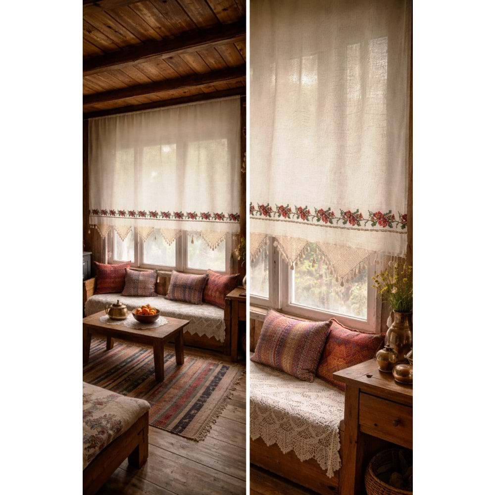 Mandaş El İşi Dantelli Kanaviçe Buldan Perdesi Tek kanat (175*170)
