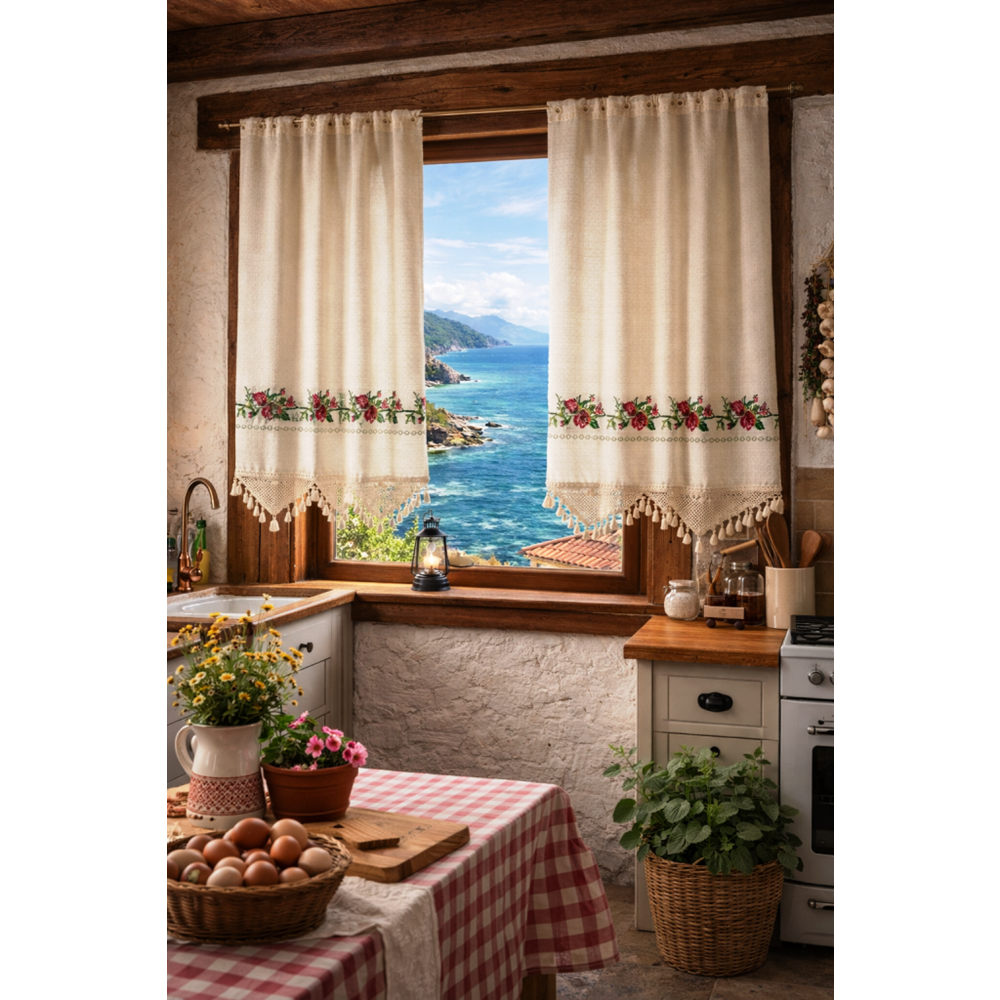 Mandaş Buldan Otantik Naturel Nakışlı Buldan Rustikli Perde 2 Parça 200*140