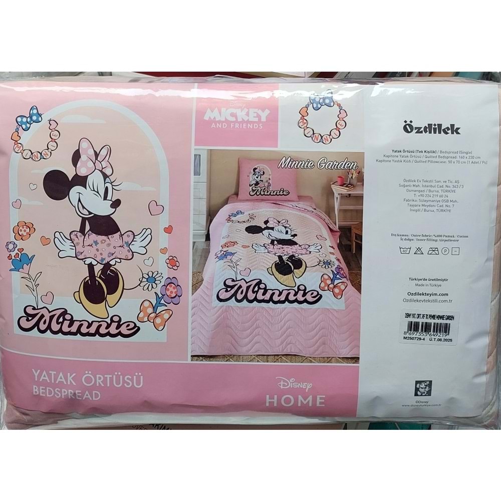 Özdilek Lisanslı Kapitoneli %100 Pamuk Tek Kişilik Çocuk Yatak Örtüsü (160x230)-Minnie Garden Pembe