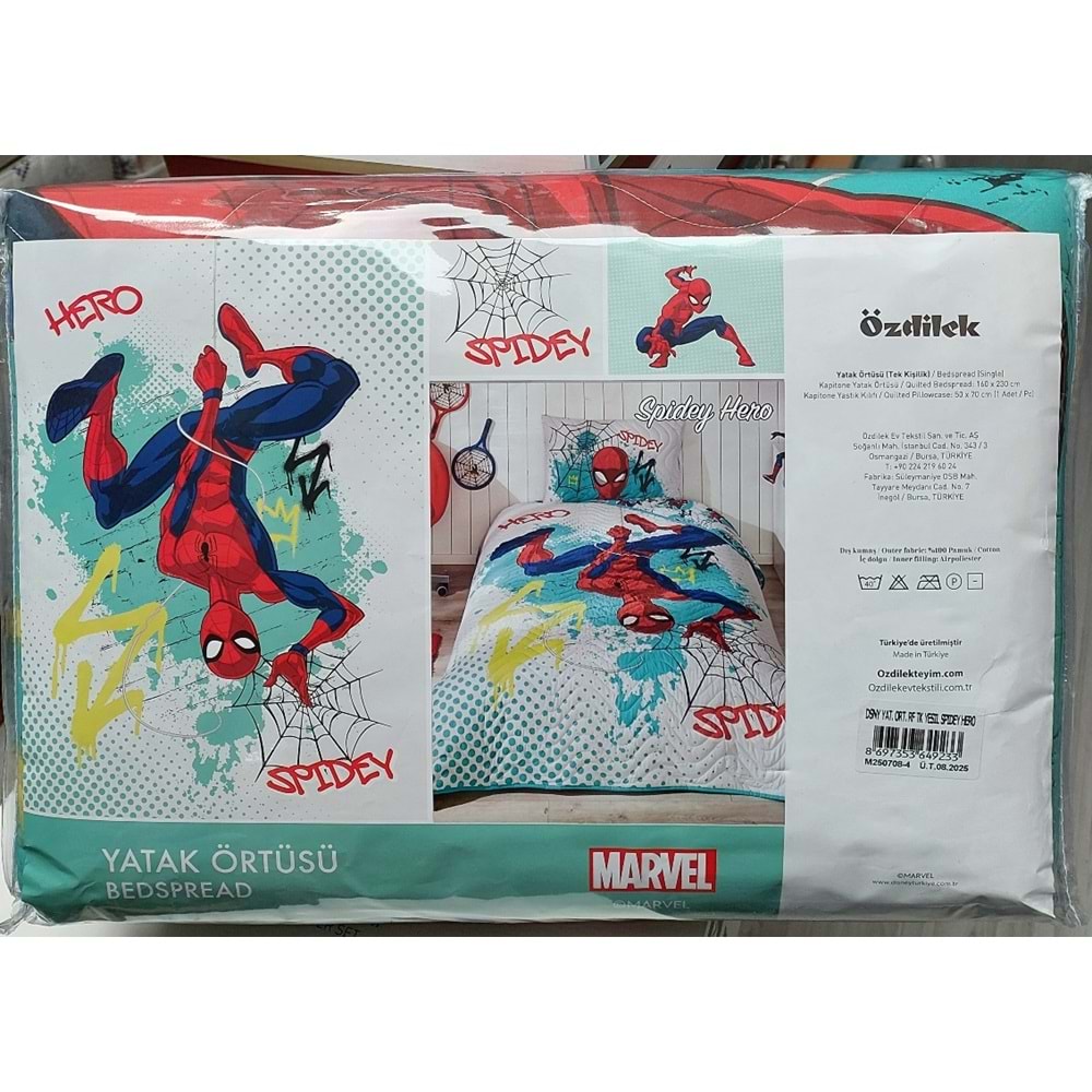 Özdilek Lisanslı Kapitoneli %100 Pamuk Tek Kişilik Çocuk Yatak Örtüsü (160x230)-Spidey Hero Yeşil