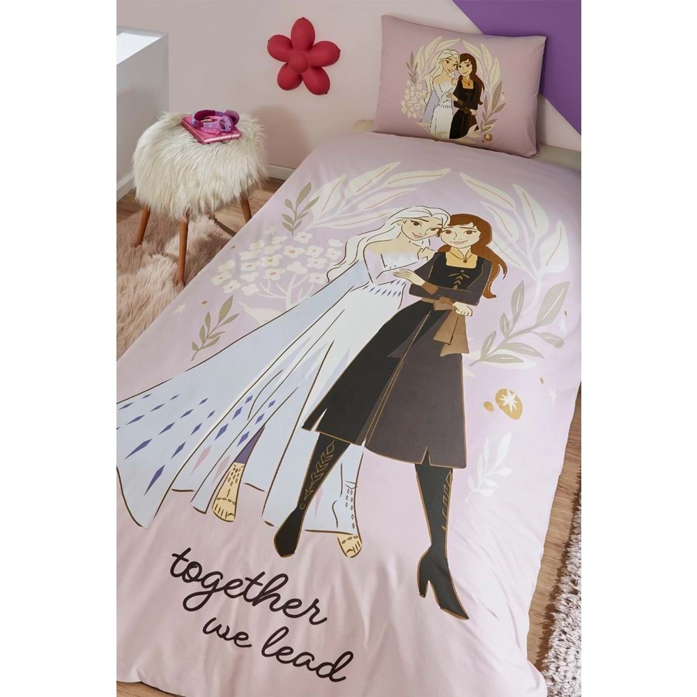 Özdilek Lisanslı Lastikli Çarşaflı Tek Kişilik Çocuk Nevresim Takımı-Frozen Magical Pembe