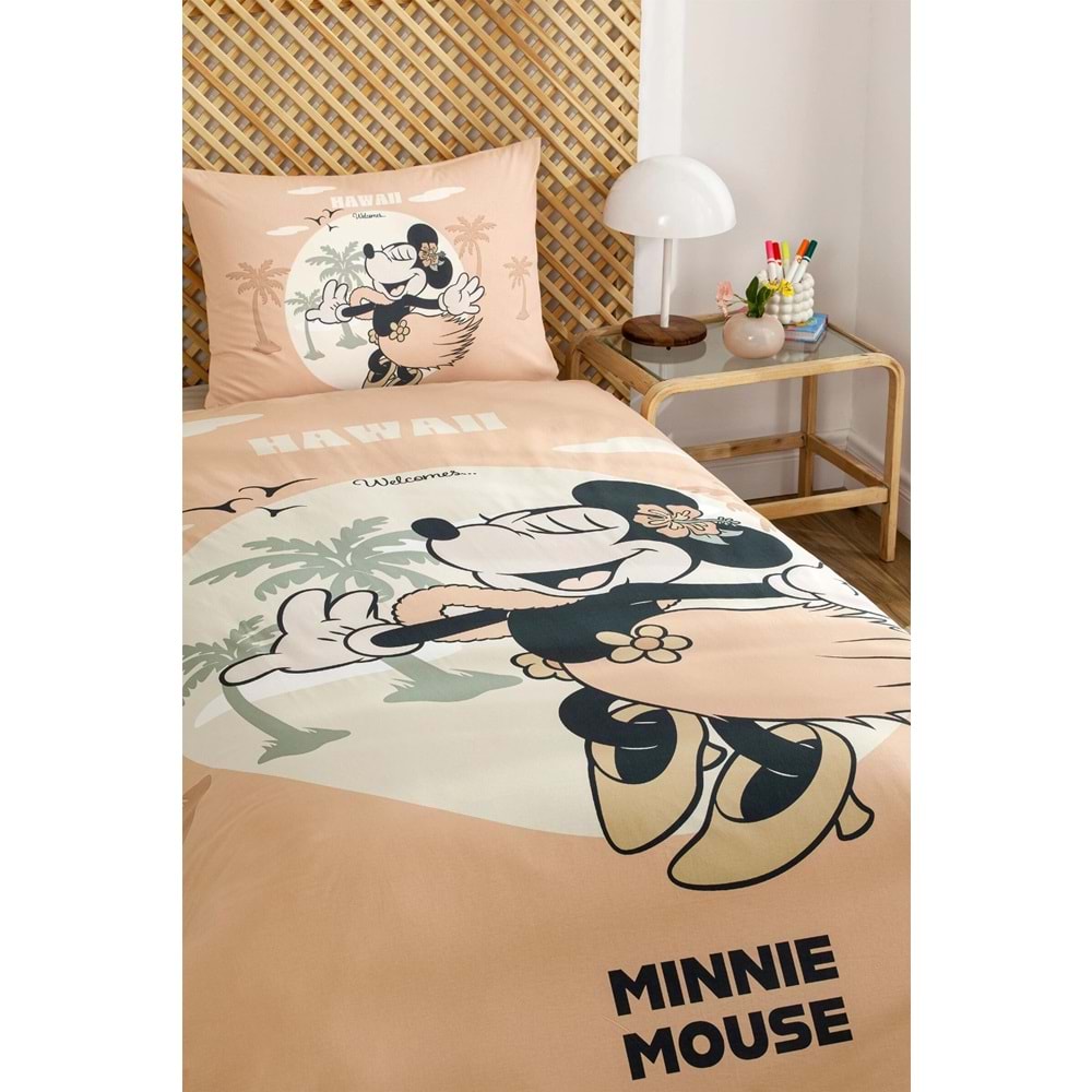 Özdilek Lisanslı Lastikli Çarşaflı Tek Kişilik Çocuk Nevresim Takımı-Minnie Mouse Hawaii Turuncu