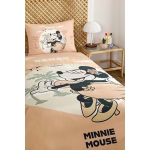 Özdilek Lisanslı Lastikli Çarşaflı Tek Kişilik Çocuk Nevresim Takımı-Minnie Mouse Hawaii Turuncu