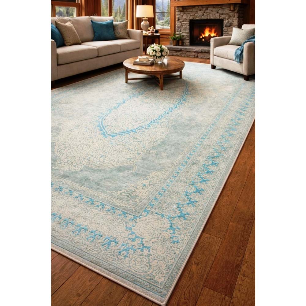 Nepal Sacaklı Halı 160*240 Turkuaz / krem