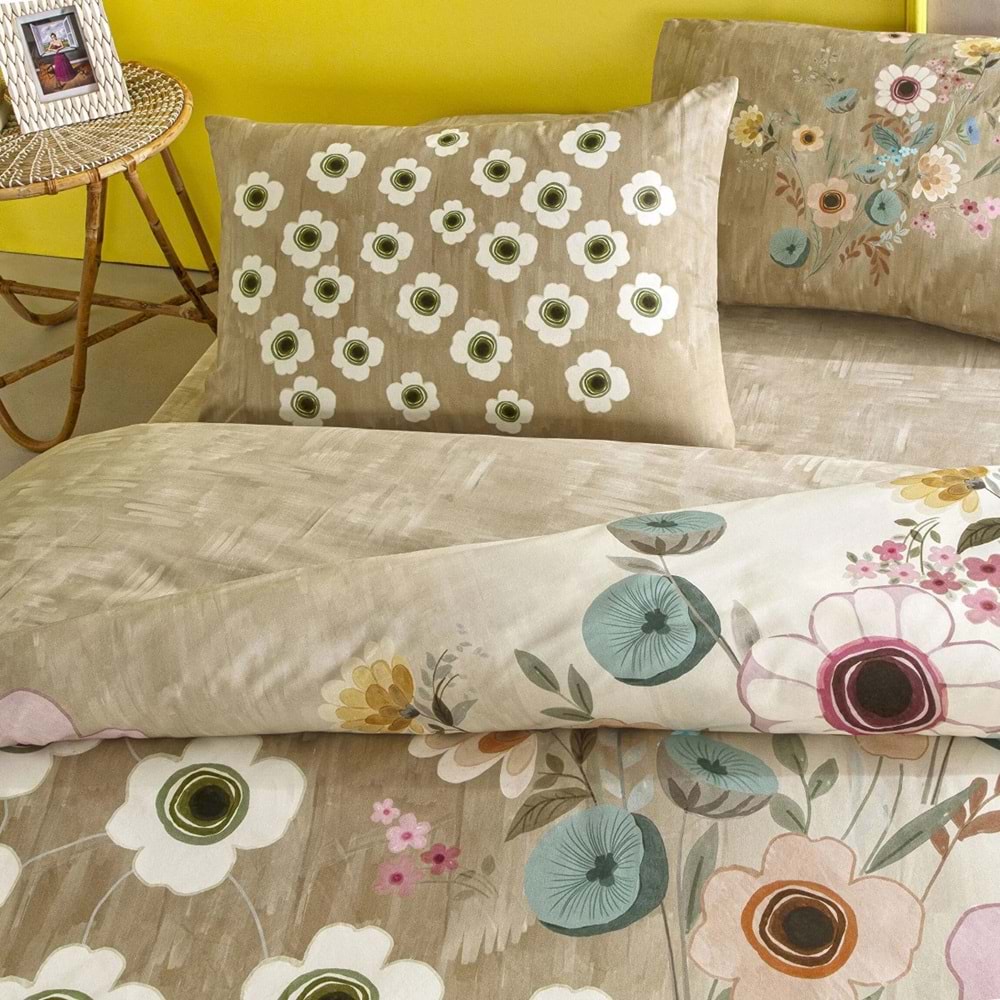 Taç Ranforce -Blyss Bej- Çarşafı Lastikli Çift Kişilik Nevresim Takımı