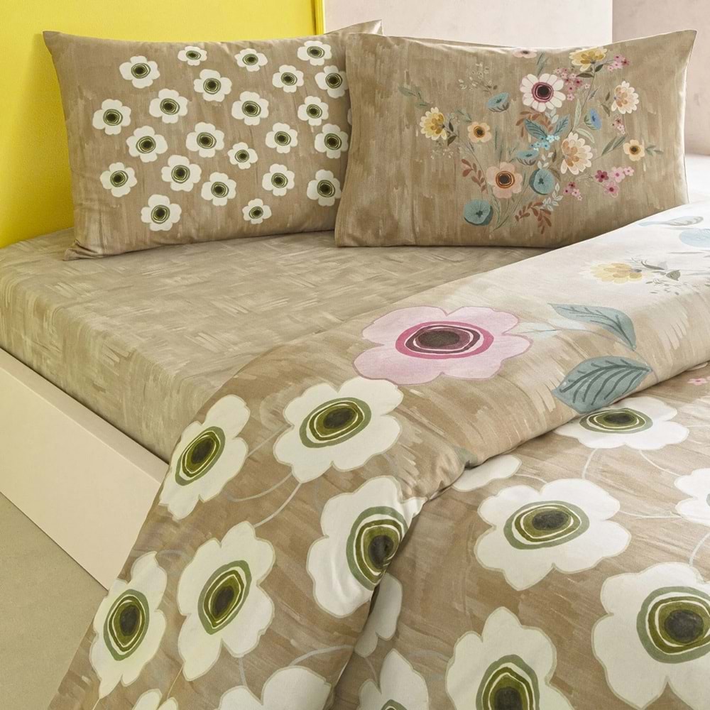 Taç Ranforce -Blyss Bej- Çarşafı Lastikli Çift Kişilik Nevresim Takımı