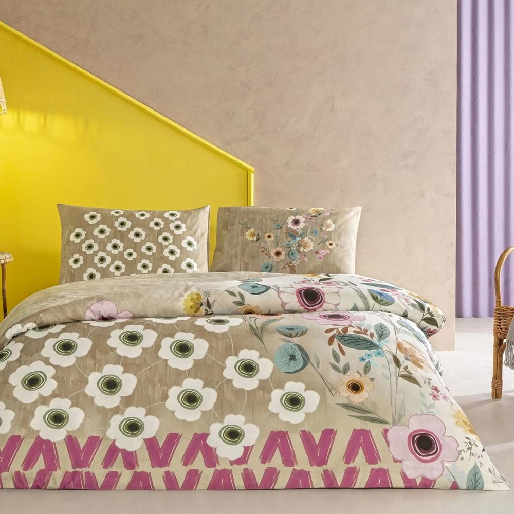 Taç Ranforce -Blyss Bej- Çarşafı Lastikli Çift Kişilik Nevresim Takımı