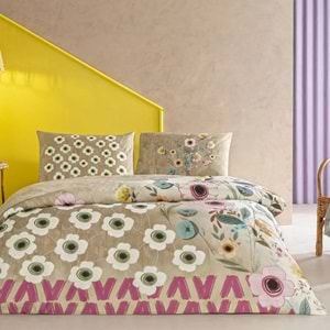 Taç Ranforce -Blyss Bej- Çarşafı Lastikli Çift Kişilik Nevresim Takımı