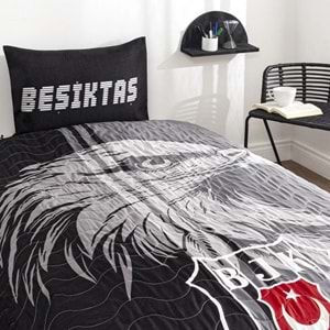 Taç Lisanslı Kapitoneli -Beşiktaş Taraftar- Lastikli Çarşaflı Tek Kişilik 4 Mevsim Nevresim Takımı