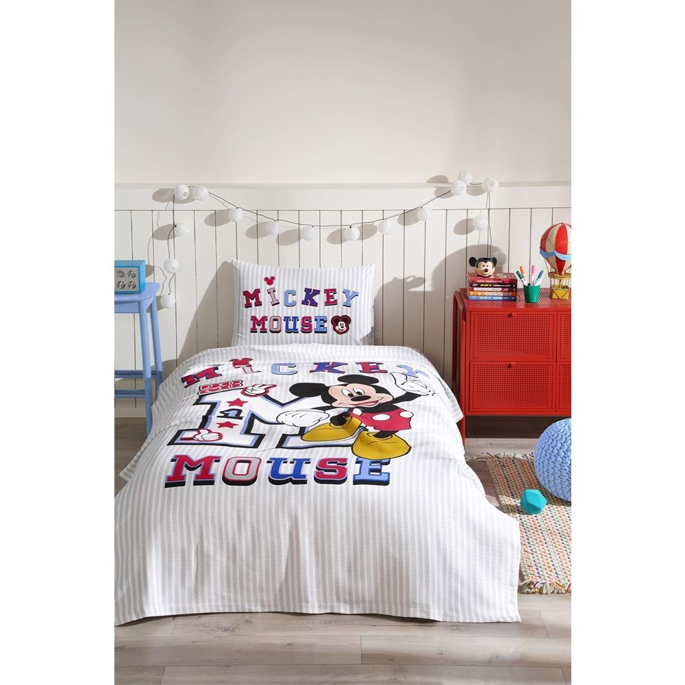 Özdilek Lisanslı Lastikli Çarşaflı Tek Kişilik Çocuk Pike Takımı-Mickey Mouse Collage Gri