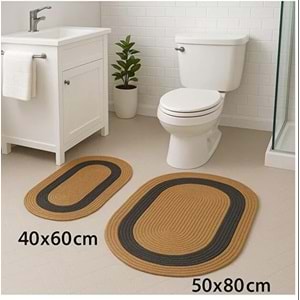 Jüt Hasır 2li Banyo Seti Paspas Takımı bej- ortası kalın siyah