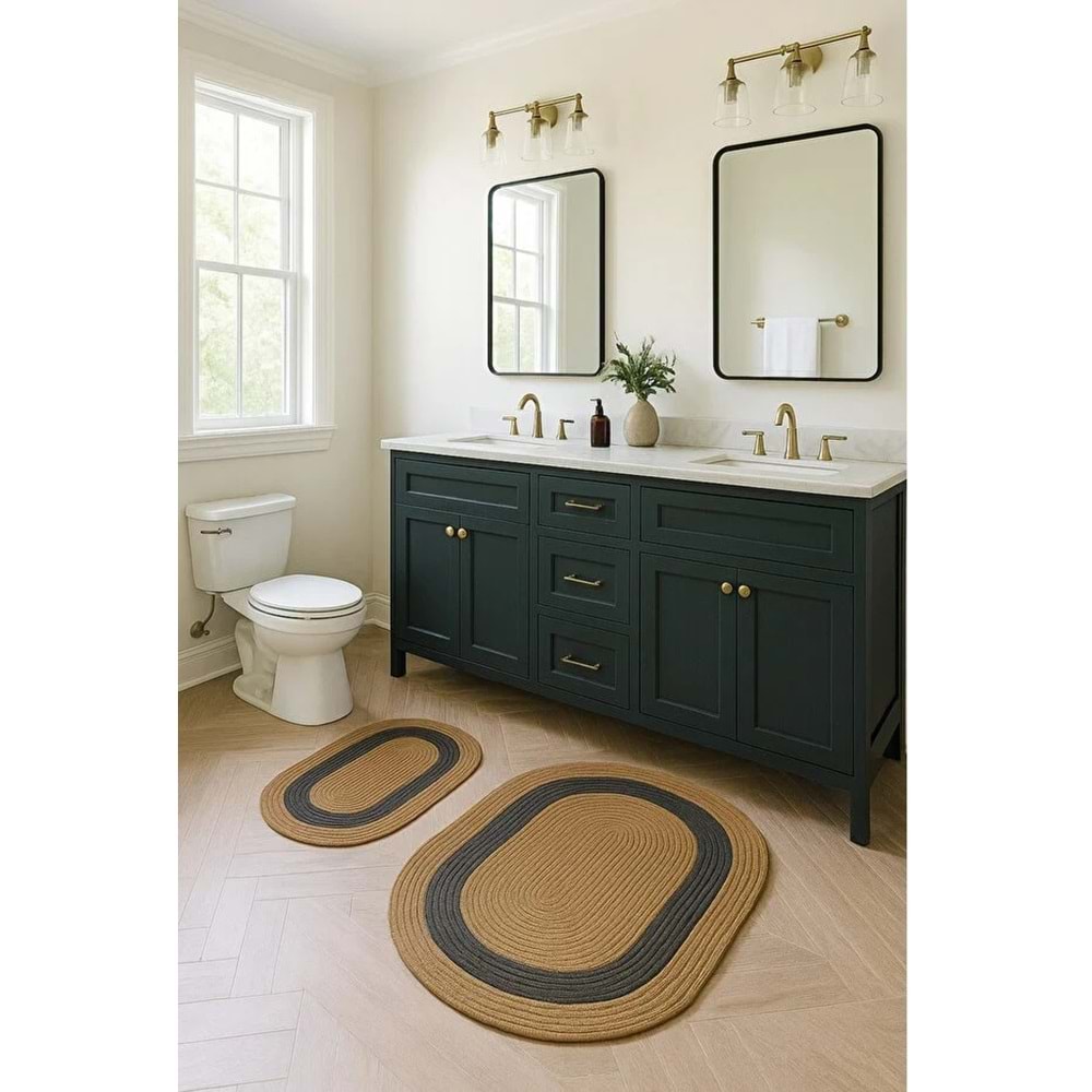 Jüt Hasır 2li Banyo Seti Paspas Takımı bej- ortası kalın siyah