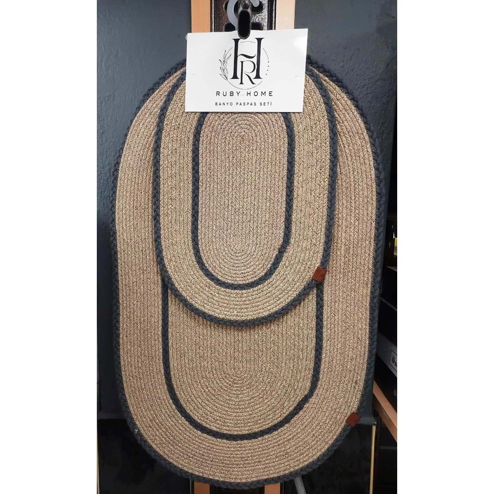 Jüt Hasır 2li Lüks Banyo Seti Paspas Takımı-Bej Kenarı Koyu Gri Örgülü