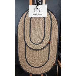Jüt Hasır 2li Lüks Banyo Seti Paspas Takımı-Bej Kenarı Koyu Gri Örgülü
