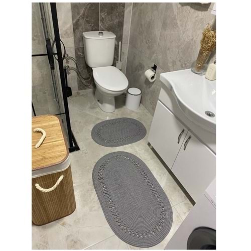 Jüt Hasır 2li Banyo Seti Paspas Takımı- Trikotlu Gri