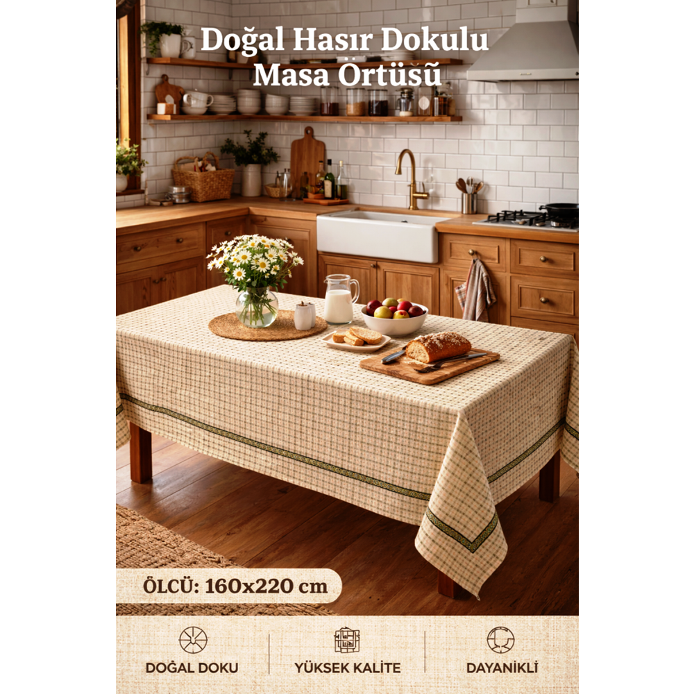 Mandas Hasır Dokulu bordürlü masa örtüsü bej 160*180