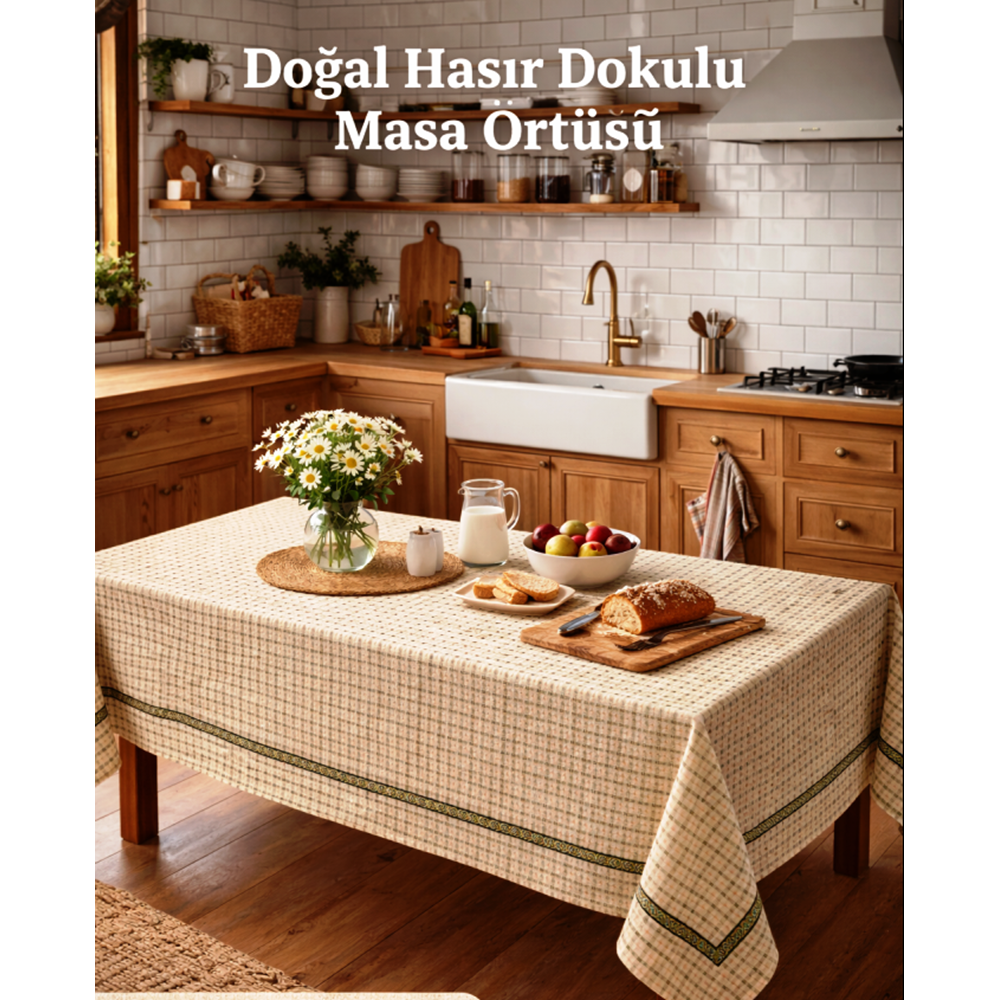 Mandas Hasır Dokulu bordürlü masa örtüsü bej 130*160