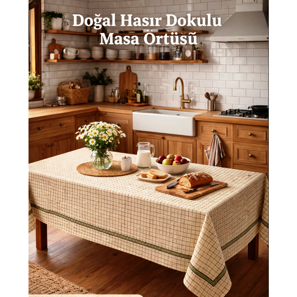 Mandas Hasır Dokulu bordürlü masa örtüsü bej 160*160