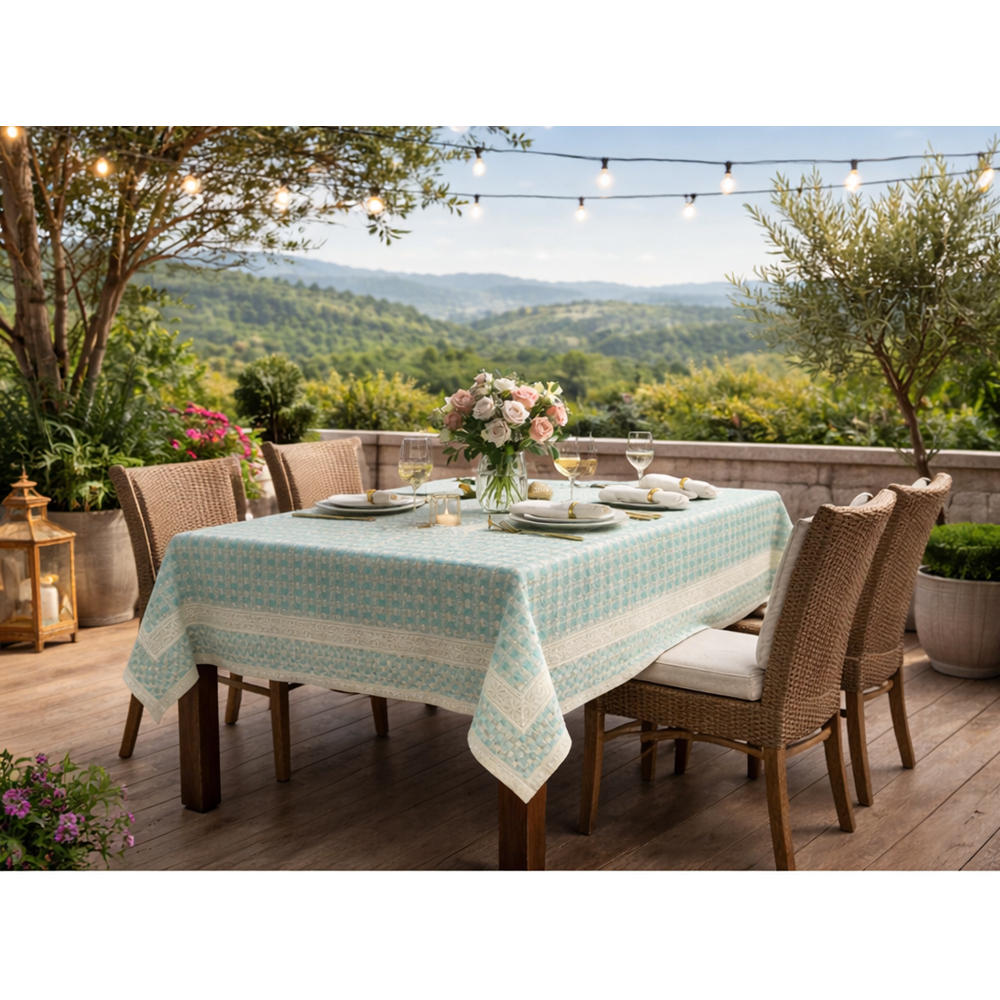 Mandas Hasır Dokulu bordürlü masa örtüsü yeşil - krem 160*180