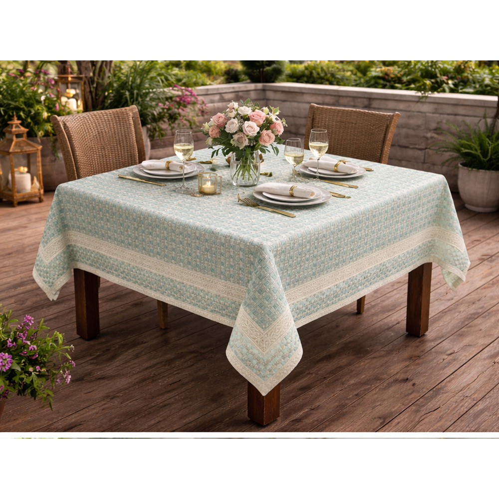 Mandas Hasır Dokulu bordürlü masa örtüsü yeşil - krem 130*130