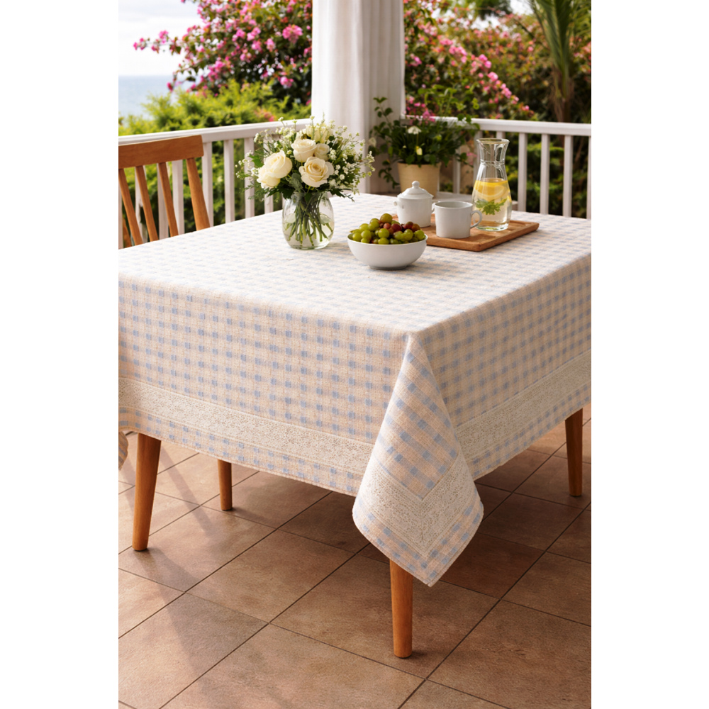 Mandas Hasır Dokulu bordürlü masa örtüsü turkuaz krem 160*160