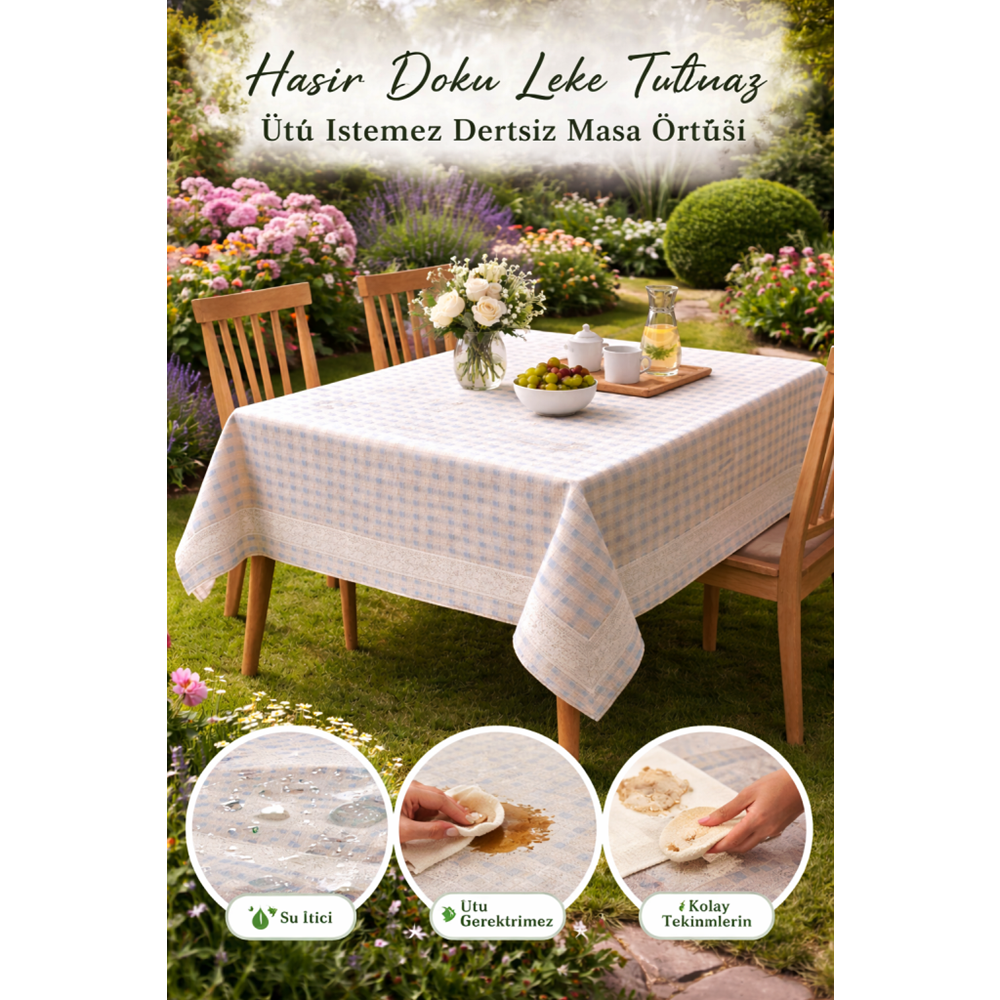 Mandas Hasır Dokulu bordürlü masa örtüsü turkuaz krem 160*160