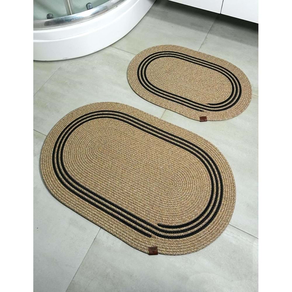 Jüt Hasır 2li Banyo Seti Paspas Takımı-Bej Ortası Aralıklı Siyah