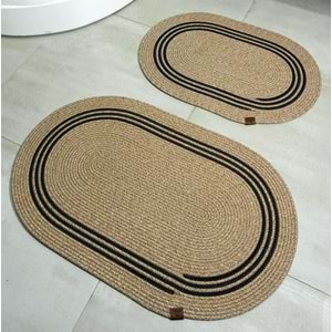 Jüt Hasır 2li Banyo Seti Paspas Takımı-Bej Ortası Aralıklı Siyah