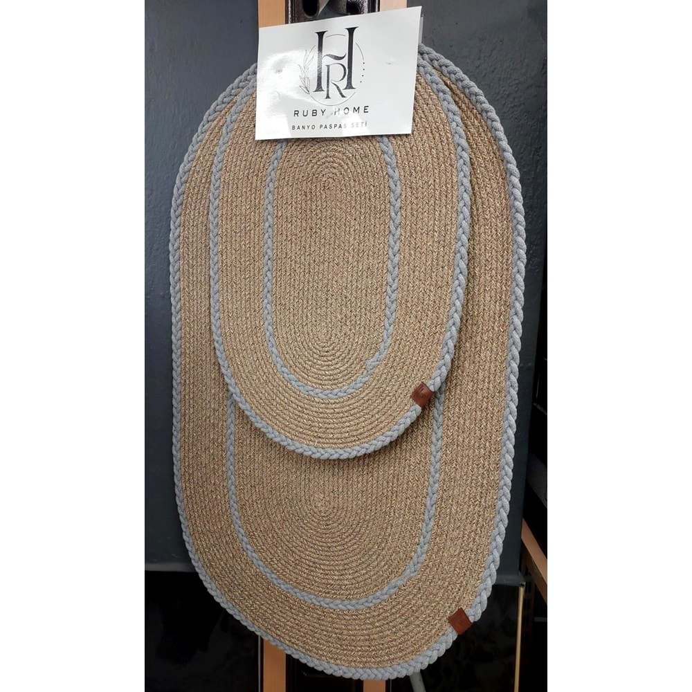 Jüt Hasır 2li Lüks Banyo Seti Paspas Takımı-Bej Kenarı Gri Örgülü