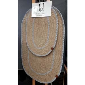 Jüt Hasır 2li Lüks Banyo Seti Paspas Takımı-Bej Kenarı Gri Örgülü