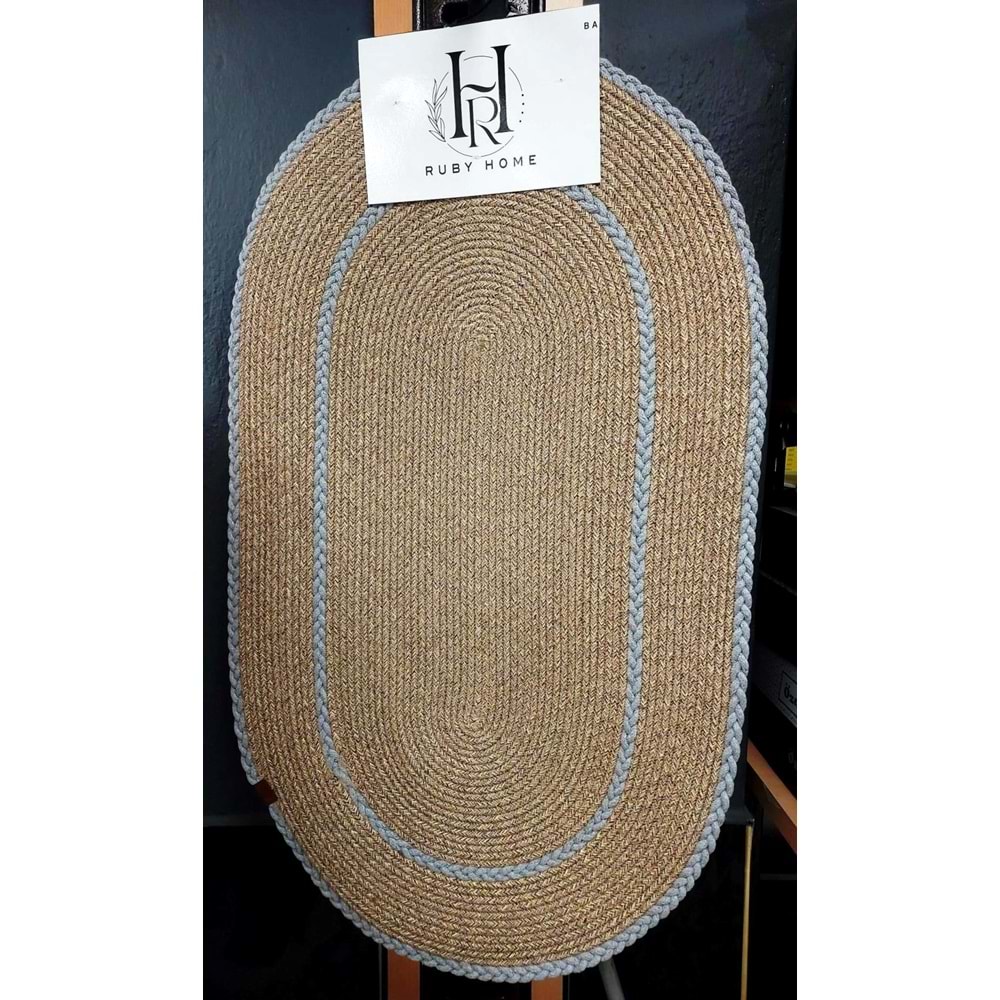 Jüt Hasır 2li Lüks Banyo Seti Paspas Takımı-Bej Kenarı Gri Örgülü