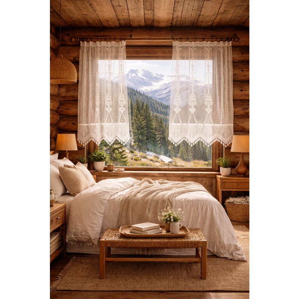 Buldan Tül Perde El İşi Dantelli makro ( zincir)Desen Rustikli 2 Parcalı (100x160)